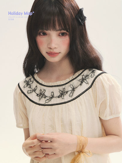 "Midnight Princess" Yellow Flower Rope Embroidered Babydoll Midi Dress