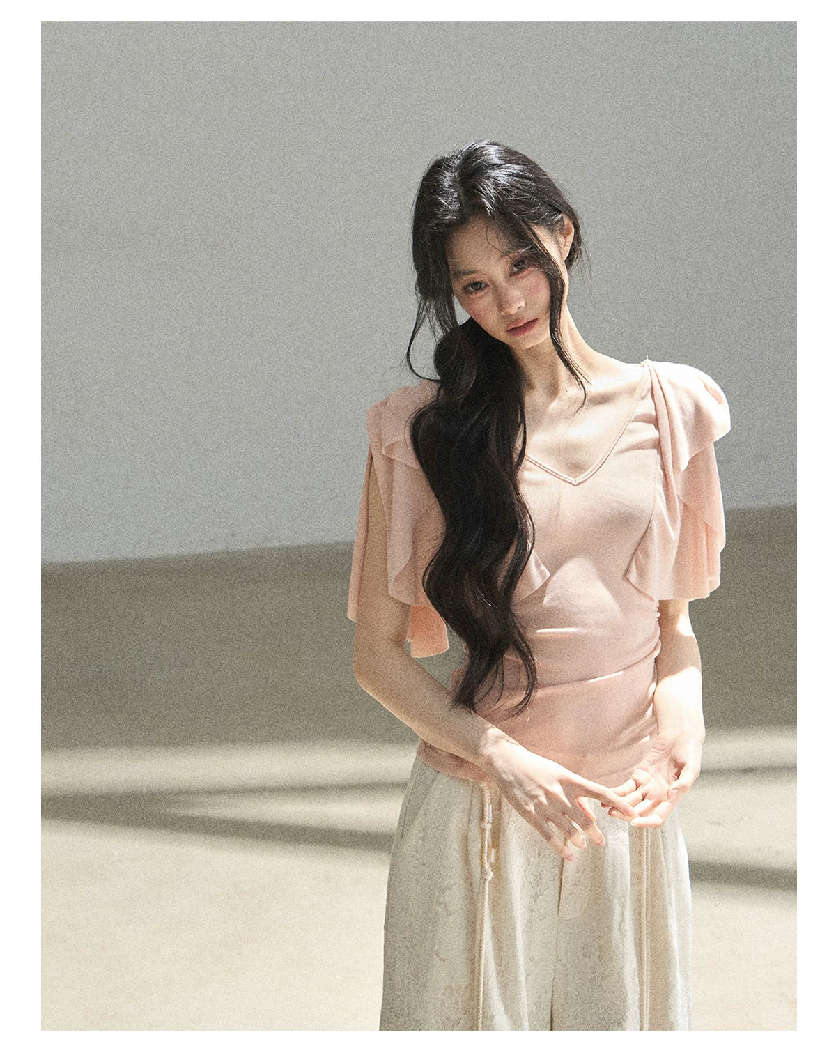 "Where Clouds Fall" Ruffle Sleeve V-Neck Crop Top (Forest Green/ Sage Gray/ Misty Blue/ Cinnamon Pink)