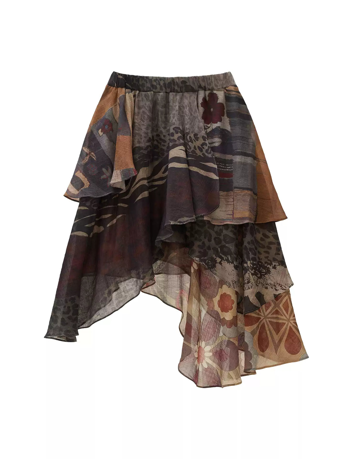 MAMC - Brown Y2K Layered Floral Ruffle Midi Skirt
