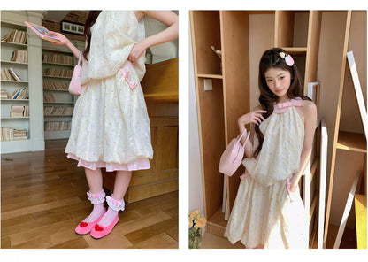 “Peach Cream Brioche” Cream Apricot Floral Bubble Skirt Set