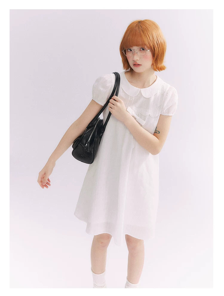 “Lace Sleep Song” White Embroidered Puff Sleeve Babydoll Dress