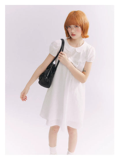 “Lace Sleep Song” White Embroidered Puff Sleeve Babydoll Dress