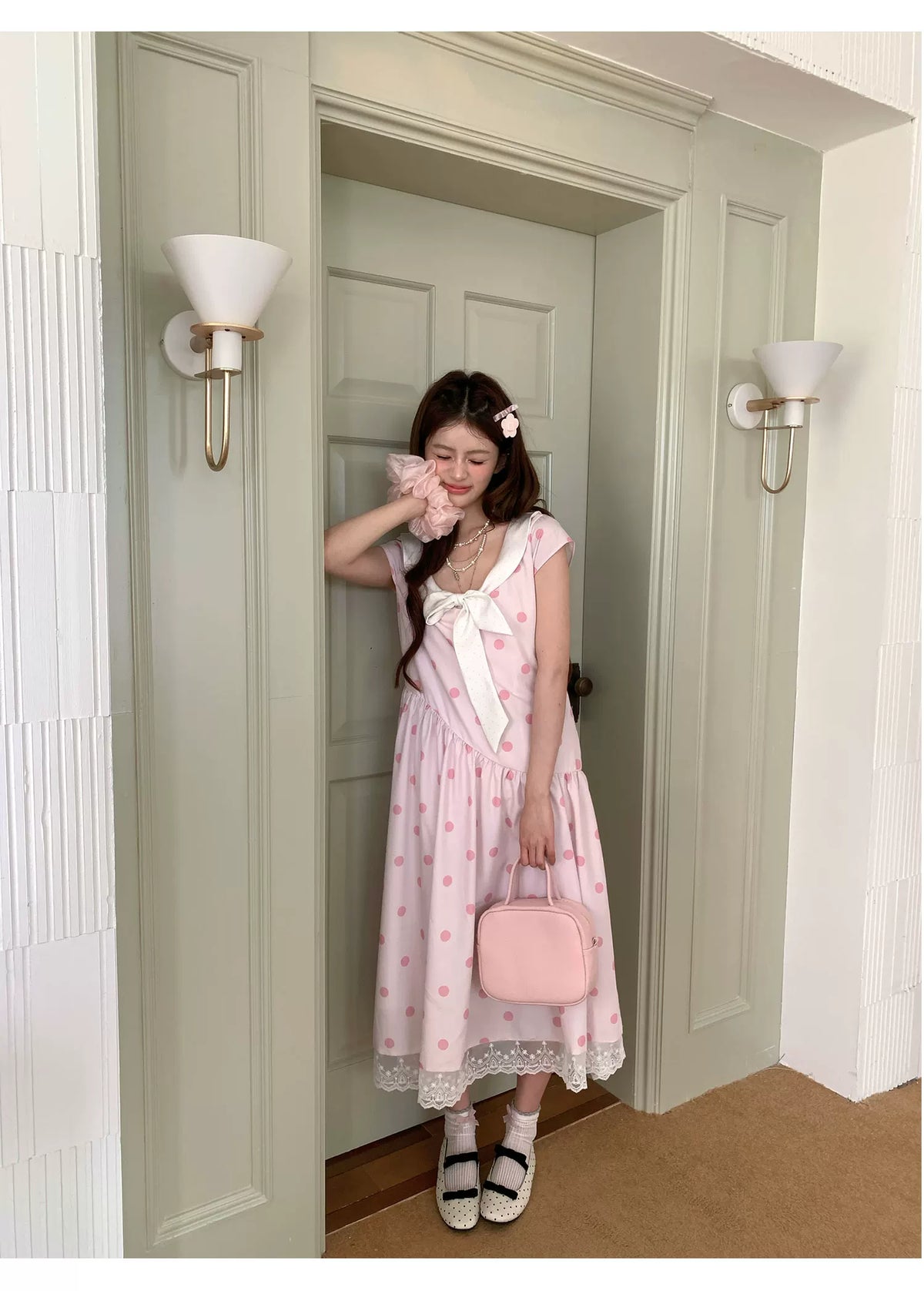 [RF] “Polka Dot Pudding” Soft Mist Pink Bow Lace-Trimmed Dress