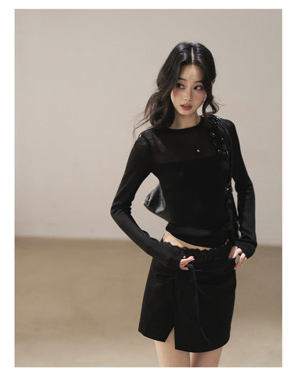 170726 "Hidden Between Light and Shadow" Tranquil Black Sheer Layered Knit Top
