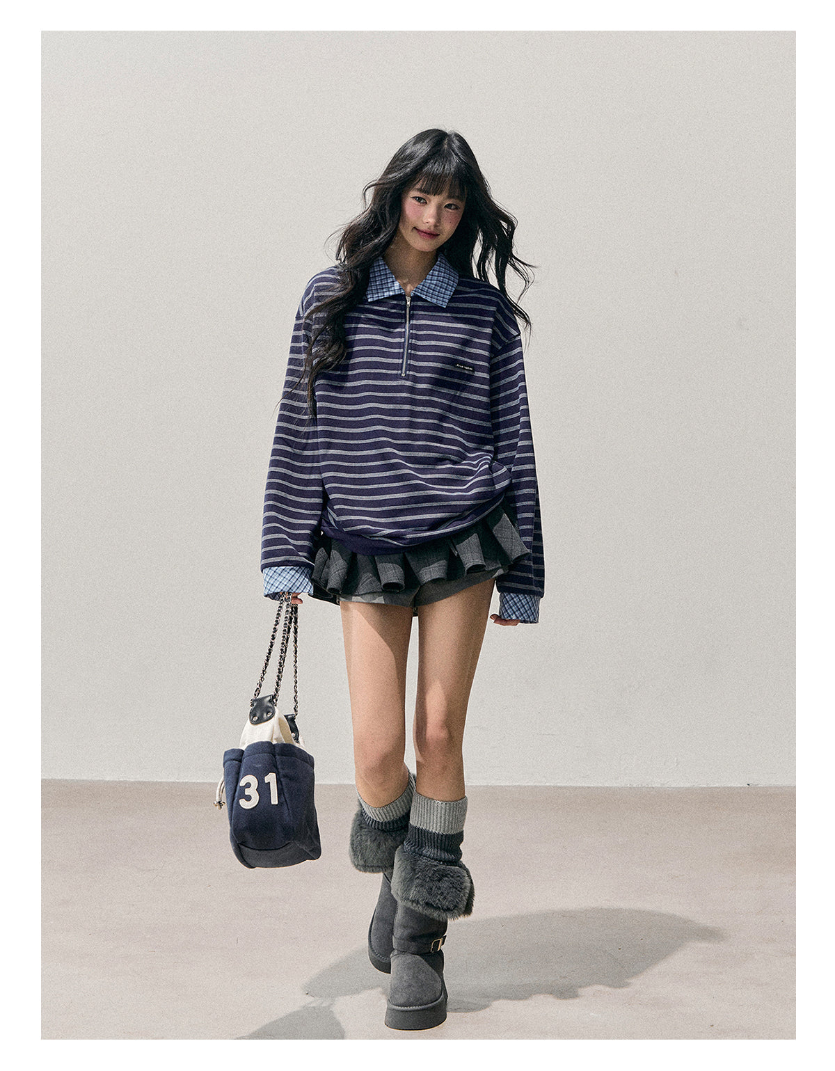 少也眼 “She Fades into Blue” Faux-Layered American Stripe Polo Top 54542