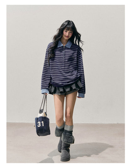 少也眼 “She Fades into Blue” Faux-Layered American Stripe Polo Top 54542