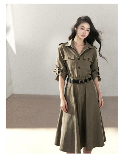 AOMALM - Sandstone Brown Utility Polo Shirt Dress with Belt