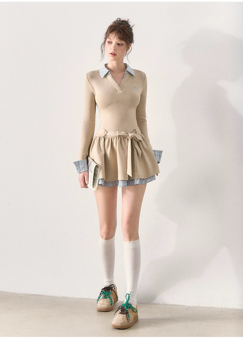 [TMMG] Miu-Inspired Preppy Knit Dress with Plaid Layered Detail & Bow Waist Belt