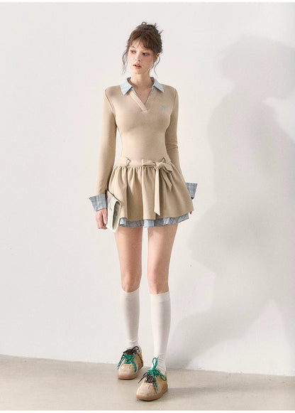 [TMMG] Miu-Inspired Preppy Knit Dress with Plaid Layered Detail & Bow Waist Belt