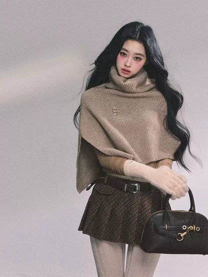 少也眼 Korean Style Loose Turtleneck Knit Cape