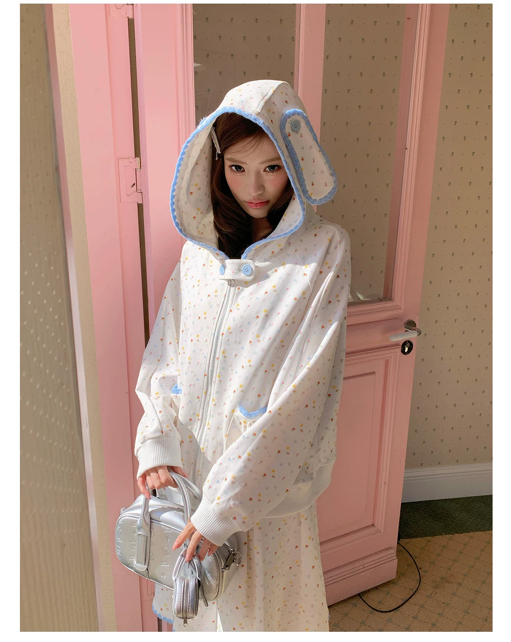 “Snow Bunny Reverie” Ivory Rabbit Ear Hoodie & Floral Pleated Mini Skirt