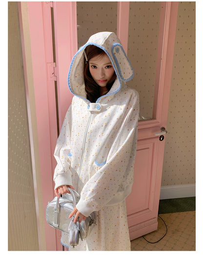 “Snow Bunny Reverie” Ivory Rabbit Ear Hoodie & Floral Pleated Mini Skirt