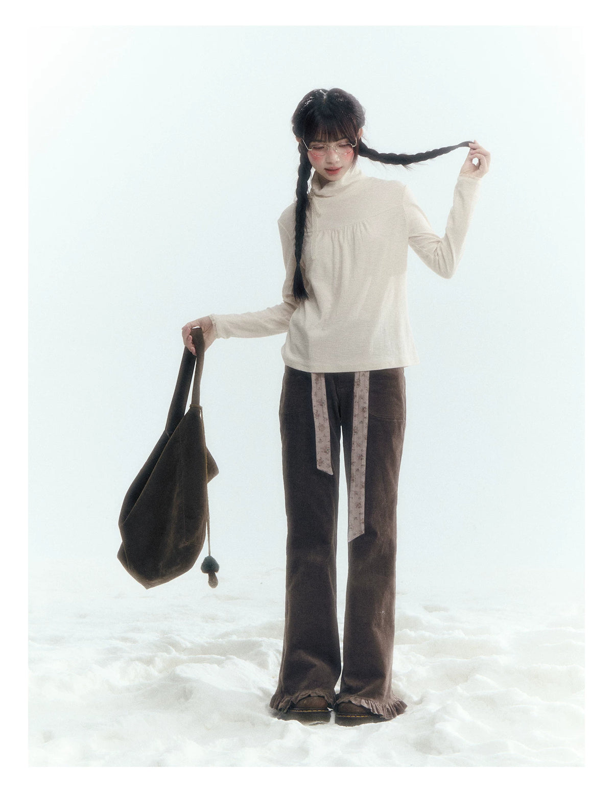 Horridale - Milk Tea Brown Floral Belt Corduroy Flare Pants
