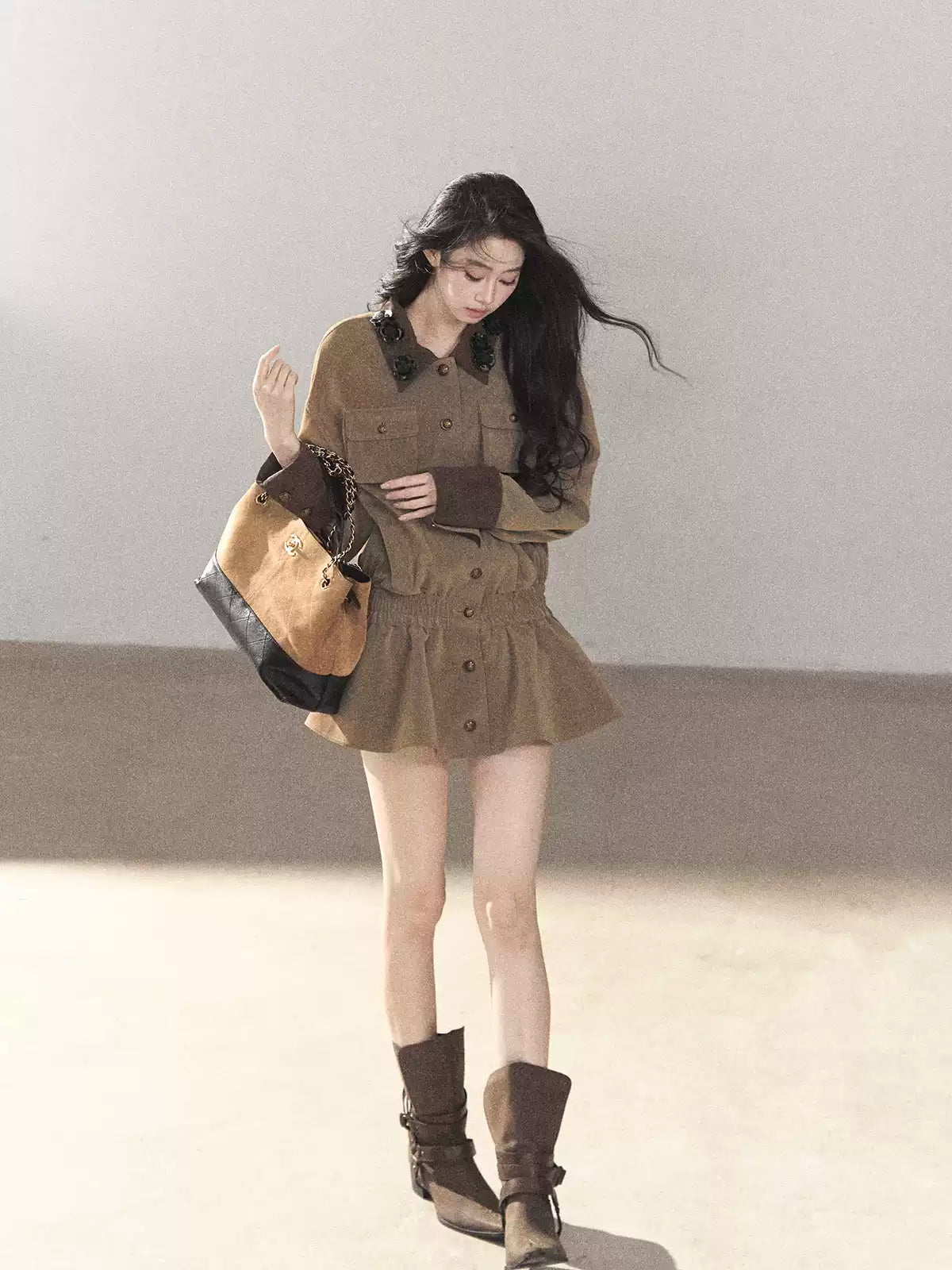 AOMALM - Gray-Brown PU Jacket and High-Waisted Shorts Set