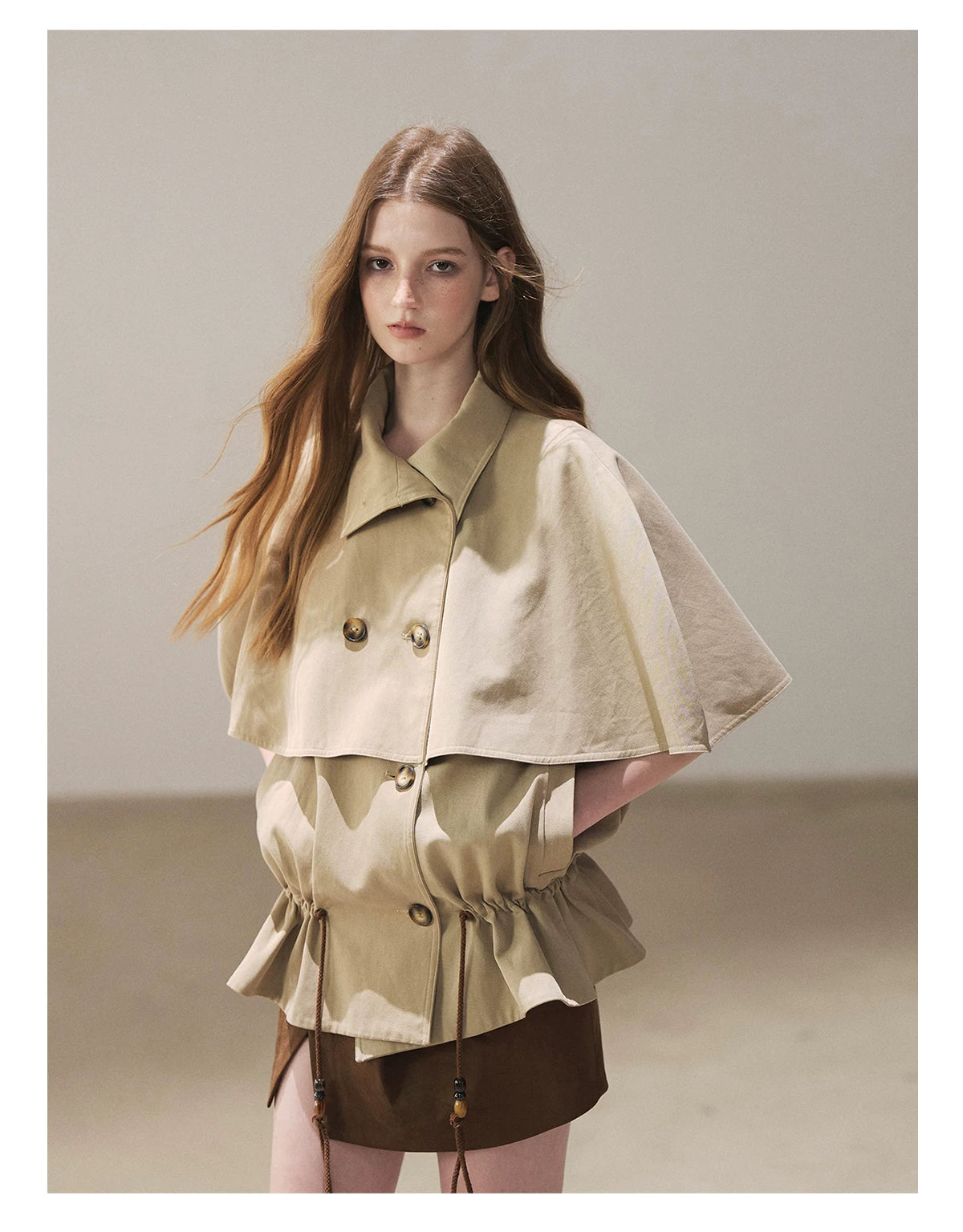 AOMALM - "Through the Oak Grove" Almond Taupe Cape Coat with Drawstring