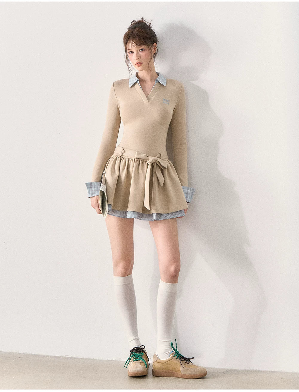 [TMMG] Miu-Inspired Preppy Knit Dress with Plaid Layered Detail & Bow Waist Belt