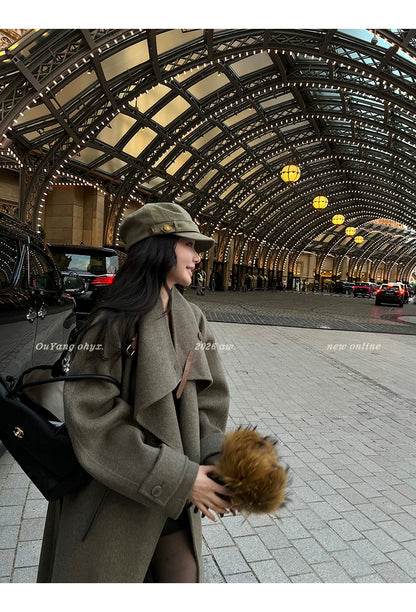 QuQuOuYang - 100% Wool Double-Face Belted Coat with Convertible Collar
