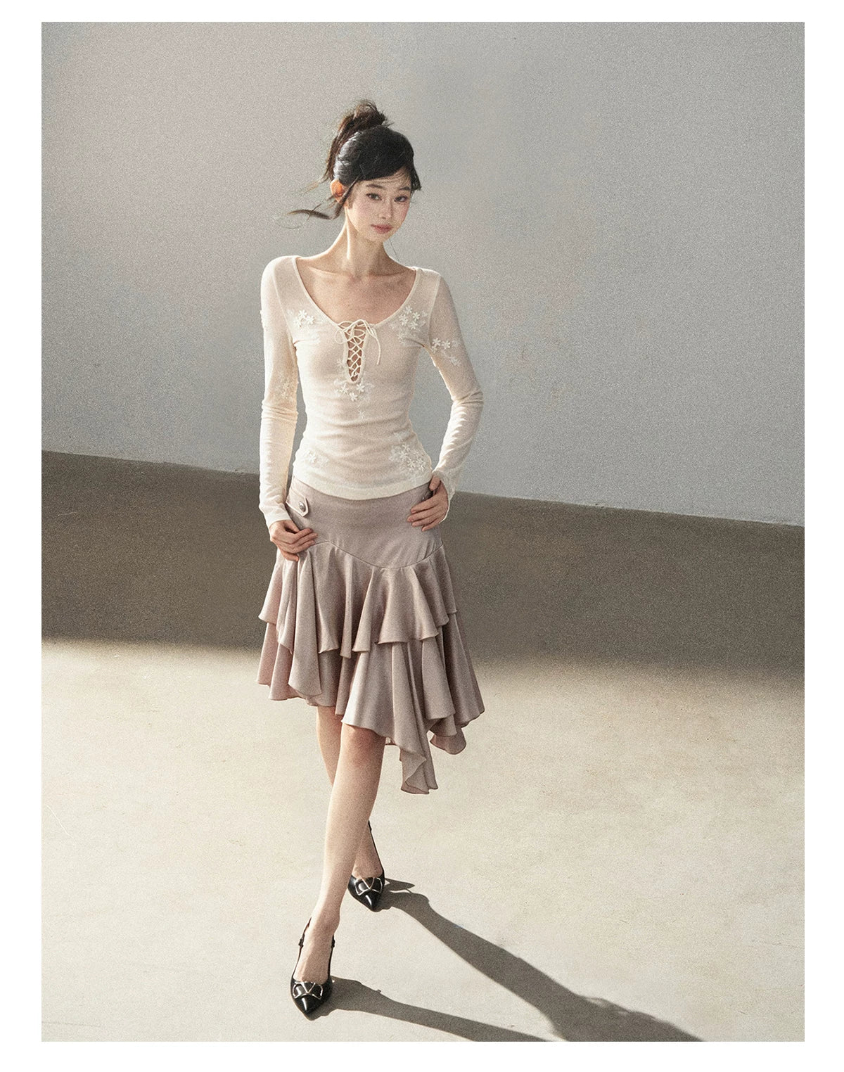 AOMALM - "Ginkgo & Evening Breeze" Misty Cloud Gray French Satin Skirt