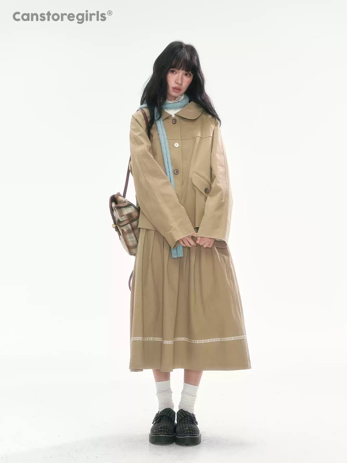 [CAN] Khaki Peter Pan Collar Jacket & Midi Skirt Set