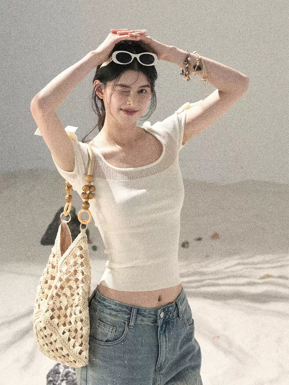 "Gentle Ocean Tide" Dutch Cream Cutout Knit Crop Top 75511