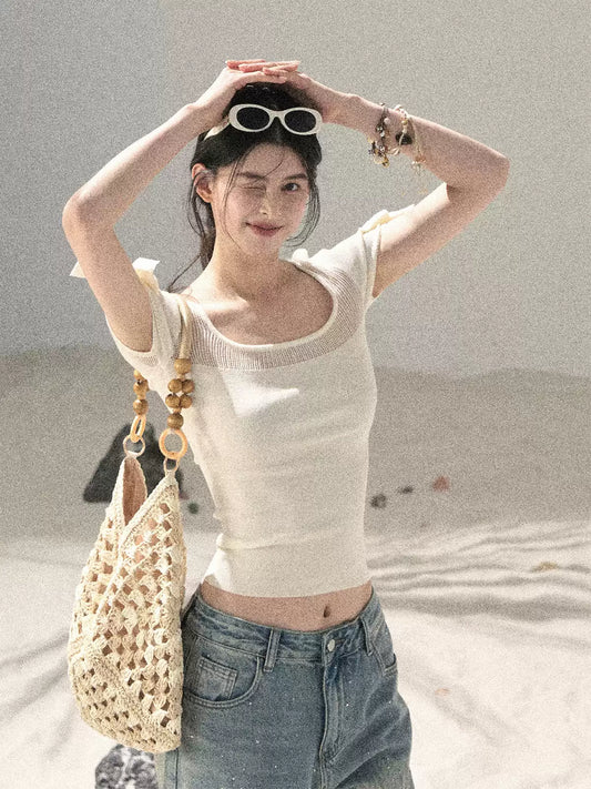 "Gentle Ocean Tide" Dutch Cream Cutout Knit Crop Top 75511