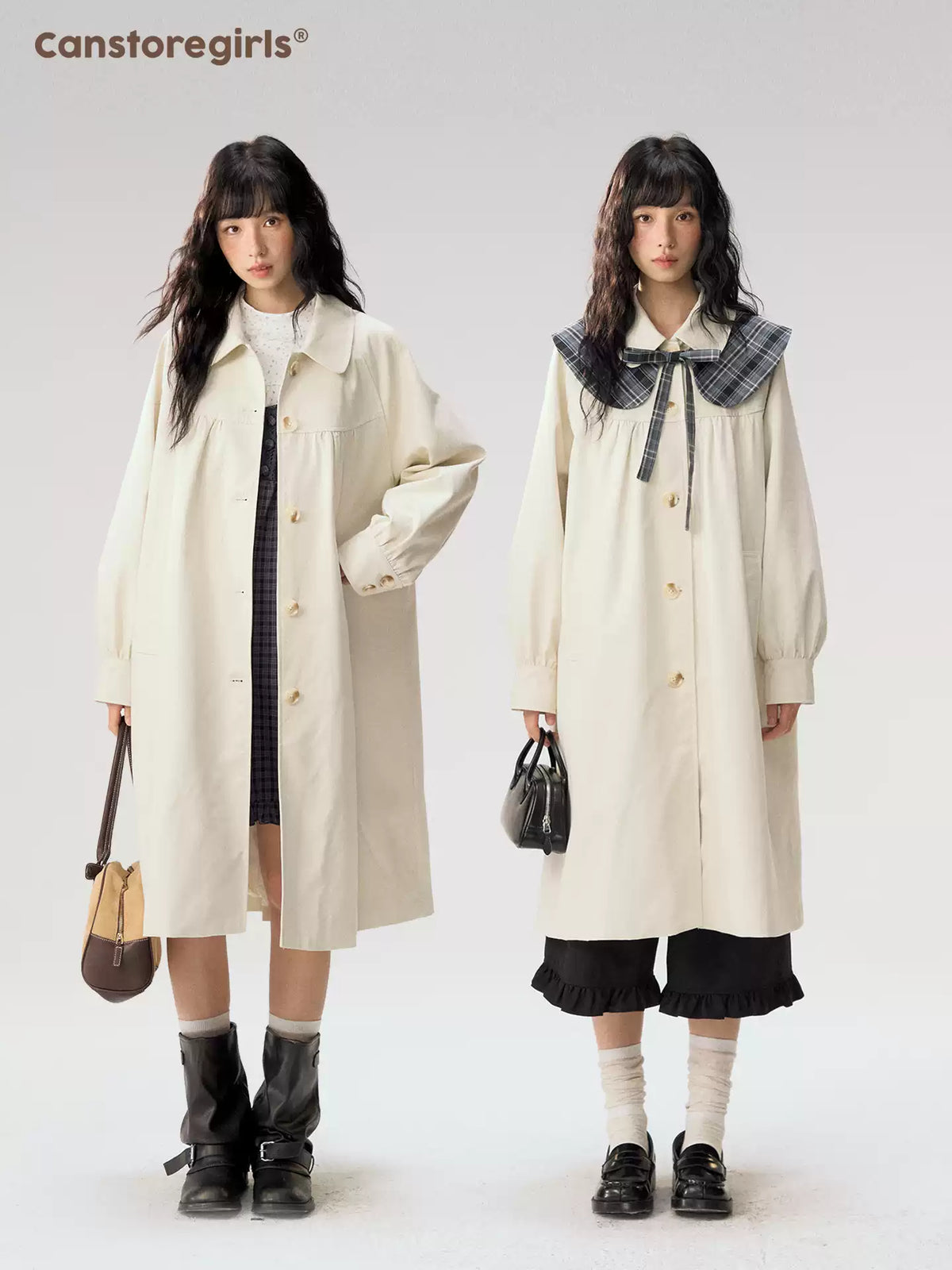 [CAN] “Oat Check Collar” Apricot Bow Cape Collar Trench Coat