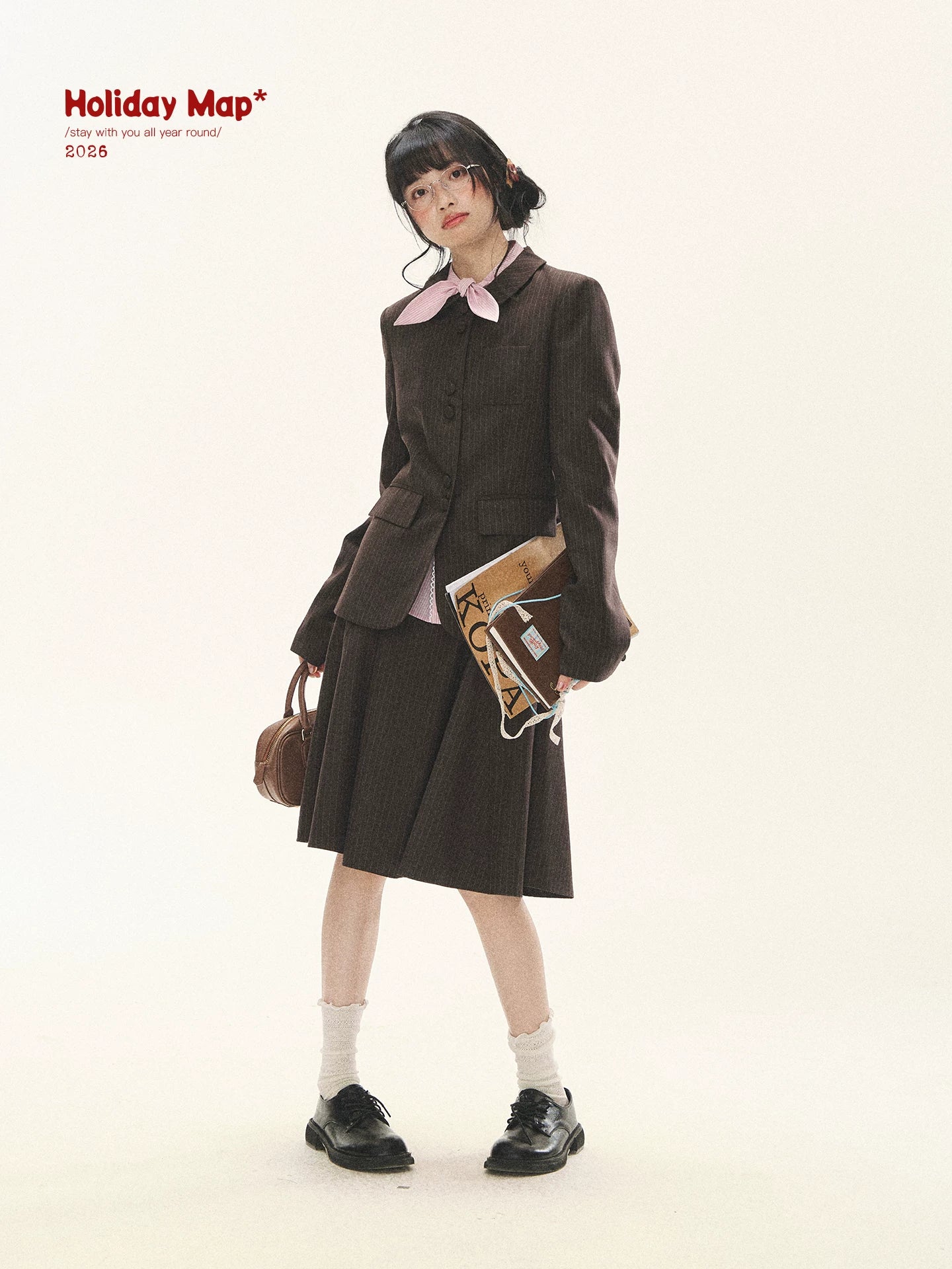 "Academy Memoir" Chocolate Brown Stripe Blazer & Pleated Skirt Set
