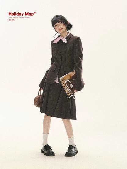"Academy Memoir" Chocolate Brown Stripe Blazer & Pleated Skirt Set