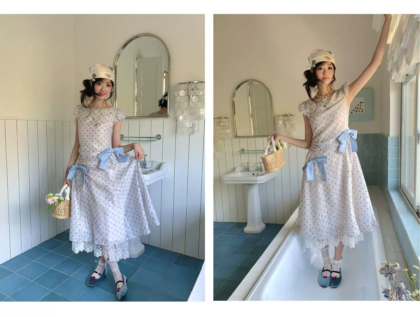 “Blue Mist Polka Reverie” Mist Blue Bow Lace Dress