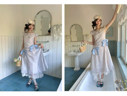 “Blue Mist Polka Reverie” Mist Blue Bow Lace Dress