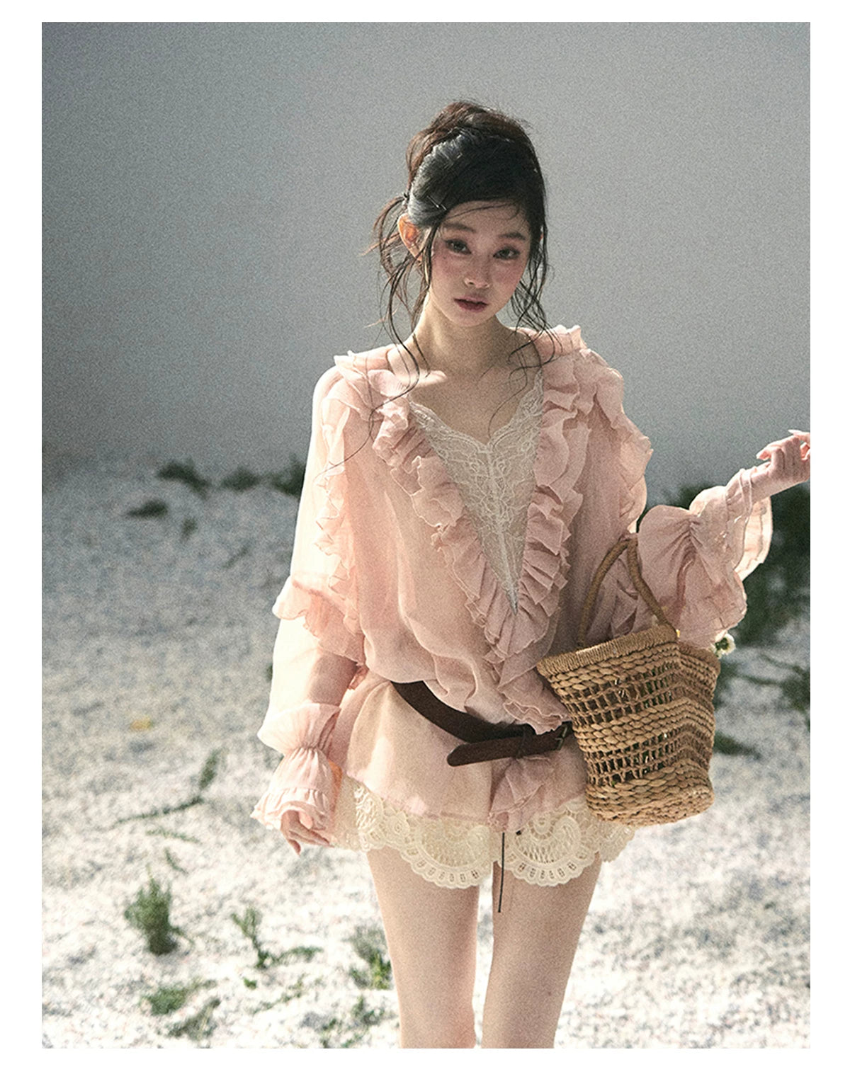 “Whispers of the Wind” Blush Pink Lace Chiffon Blouse (With Belt)