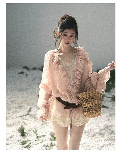 “Whispers of the Wind” Blush Pink Lace Chiffon Blouse (With Belt)