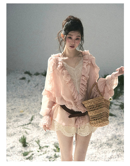 “Whispers of the Wind” Blush Pink Lace Chiffon Blouse (With Belt)