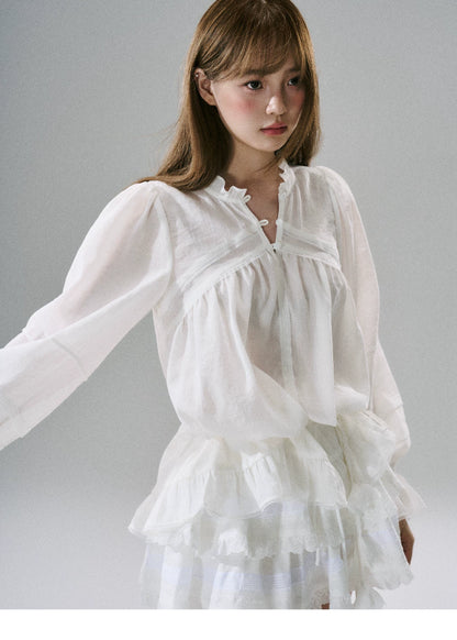 LOST FOREST - Acetate Flower Belt Detail Relaxed Top (White / Blue)