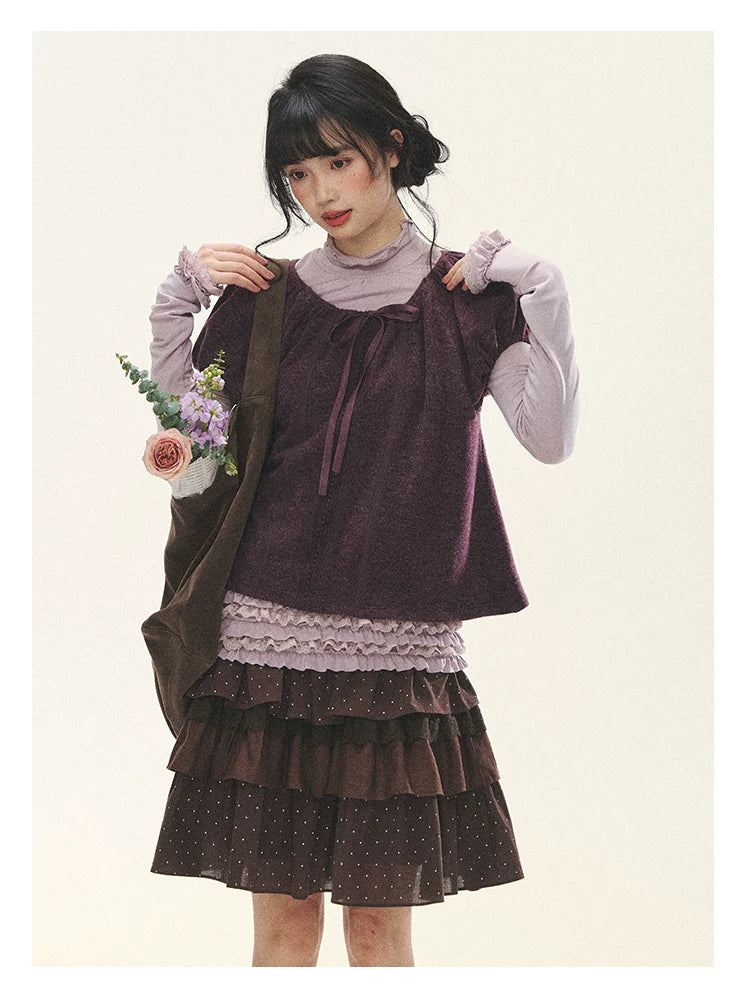 "Violet Journal" Grape Purple Bow Lace Short Sleeve Knit Top