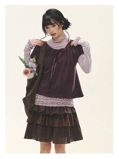 "Violet Journal" Grape Purple Bow Lace Short Sleeve Knit Top