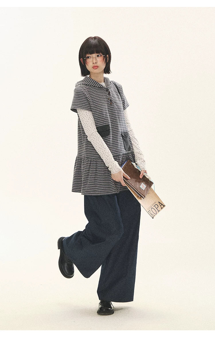 "Seoul Diary" Gray & Pink Stripe Hooded Knit Mini Dress