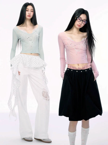 JN's DESIGN - Fitted Lace Long-Sleeve Top with Pearl Rhinestones