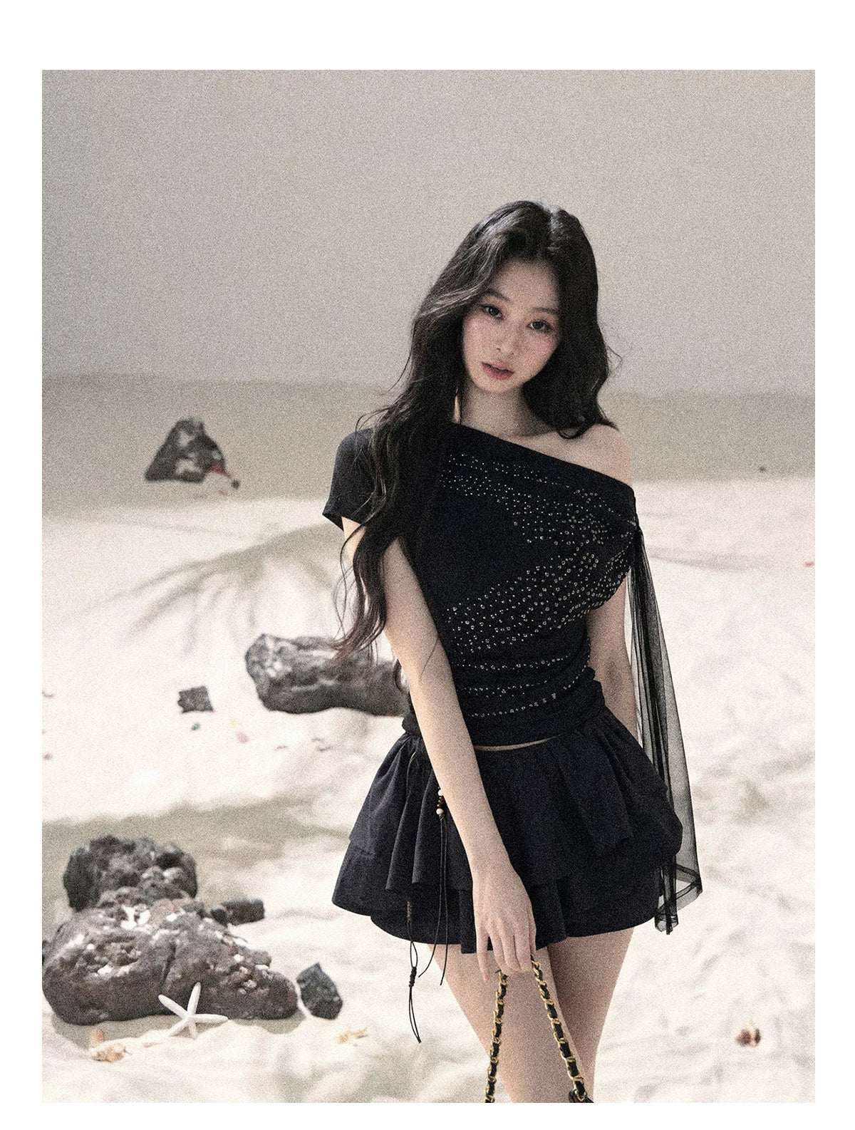 “Frosted Kiss” Quiet Black Crystal Mesh Short Sleeve Top