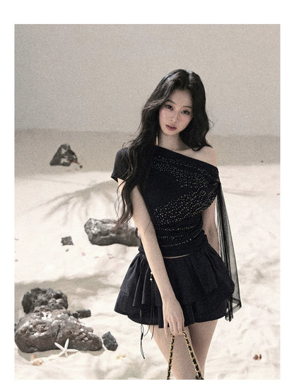 “Frosted Kiss” Quiet Black Crystal Mesh Short Sleeve Top