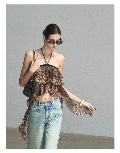 "Chasing the Sunset" Chestnut Brown Leopard Halter Ruffle Crop Top
