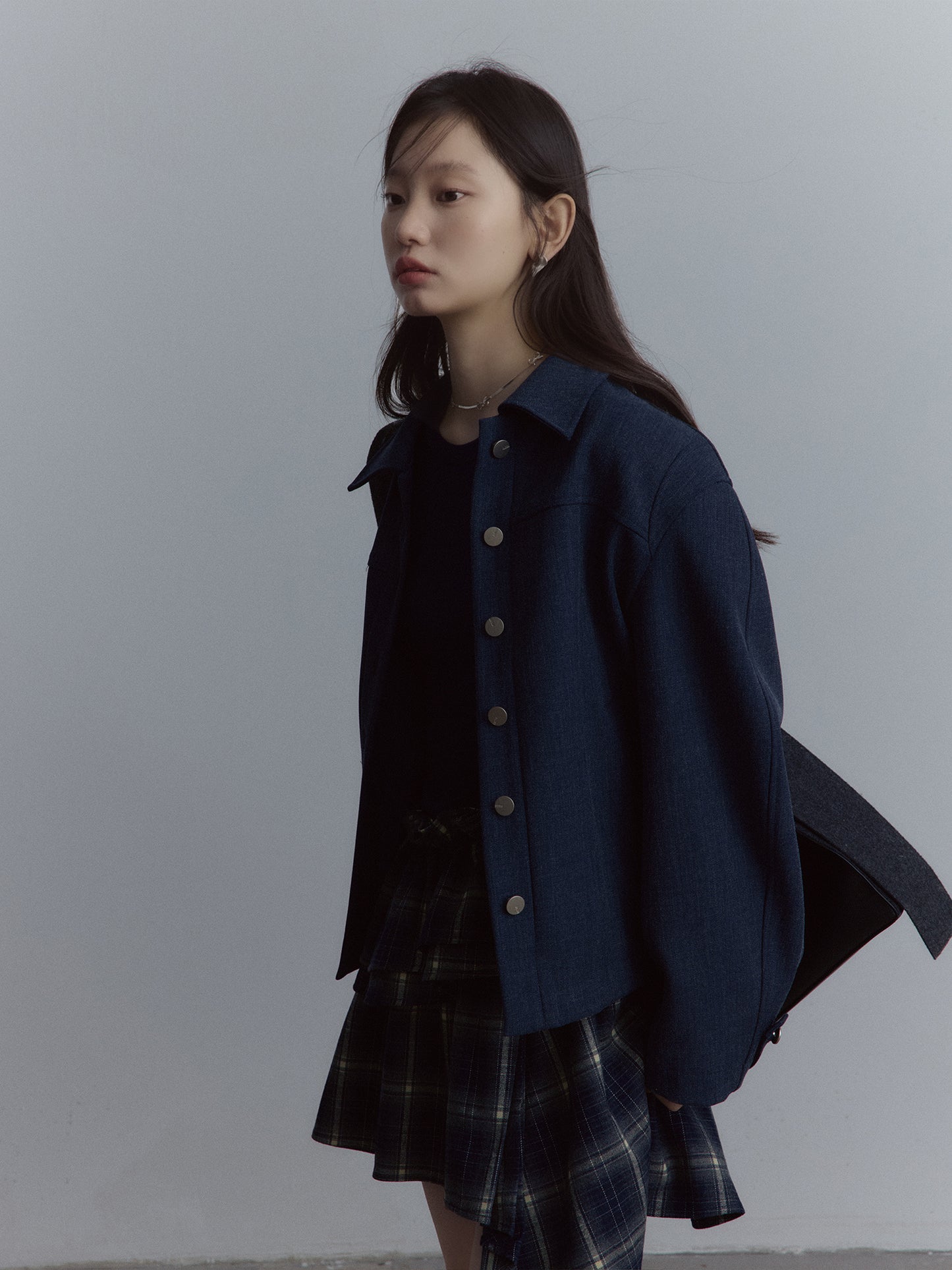 FUSSED Asymmetrical Layered Plaid Dress – Midnight Blue FOF-25AW215