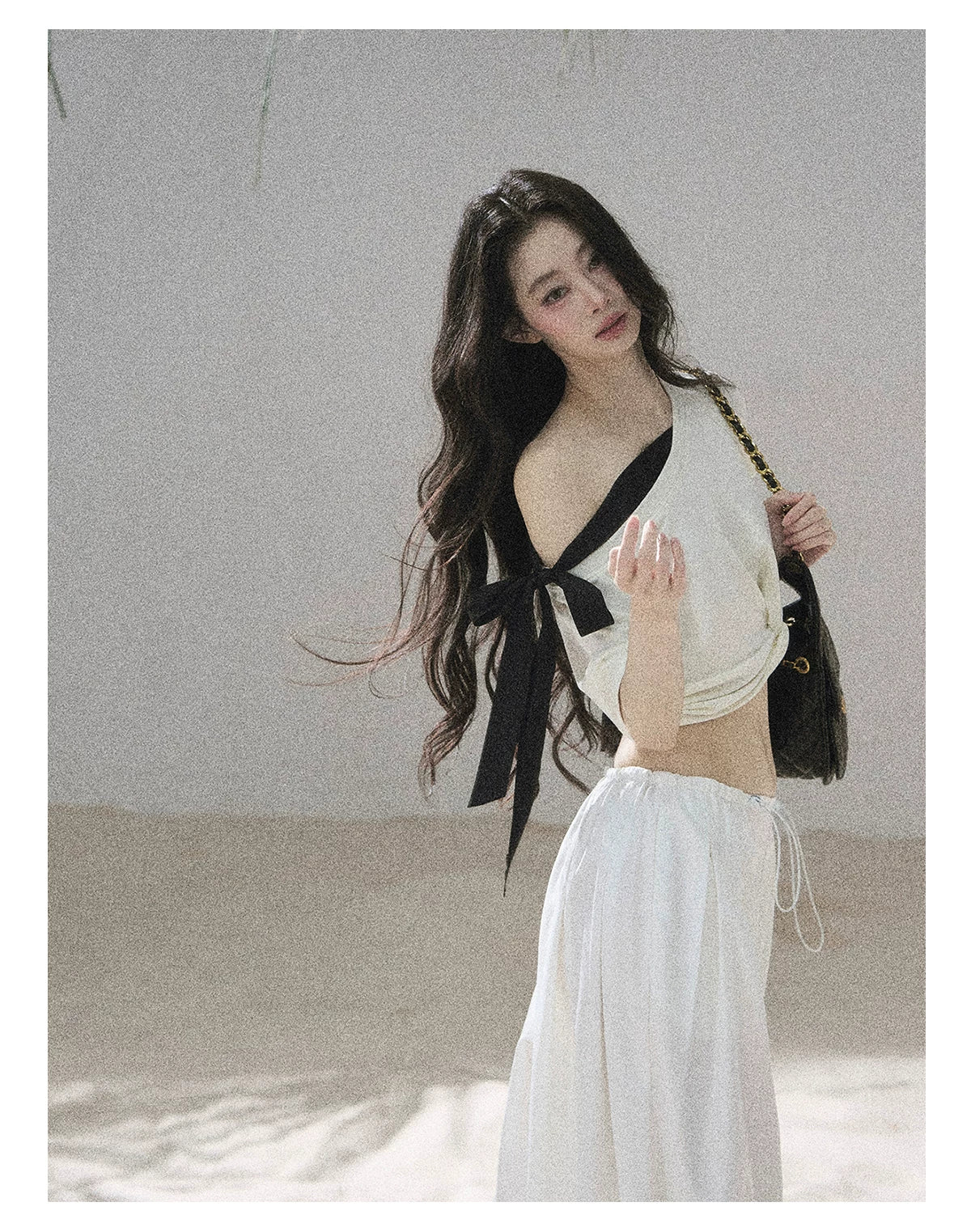 "Moonlight Upon Her" Creamy Apricot Off-Shoulder Twist Cropped T-Shirt