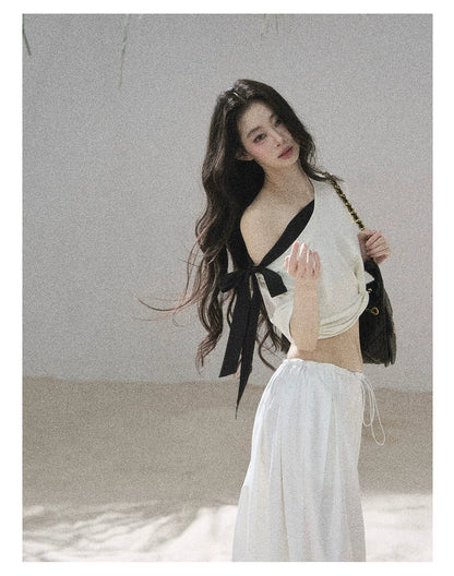 "Moonlight Upon Her" Creamy Apricot Off-Shoulder Twist Cropped T-Shirt