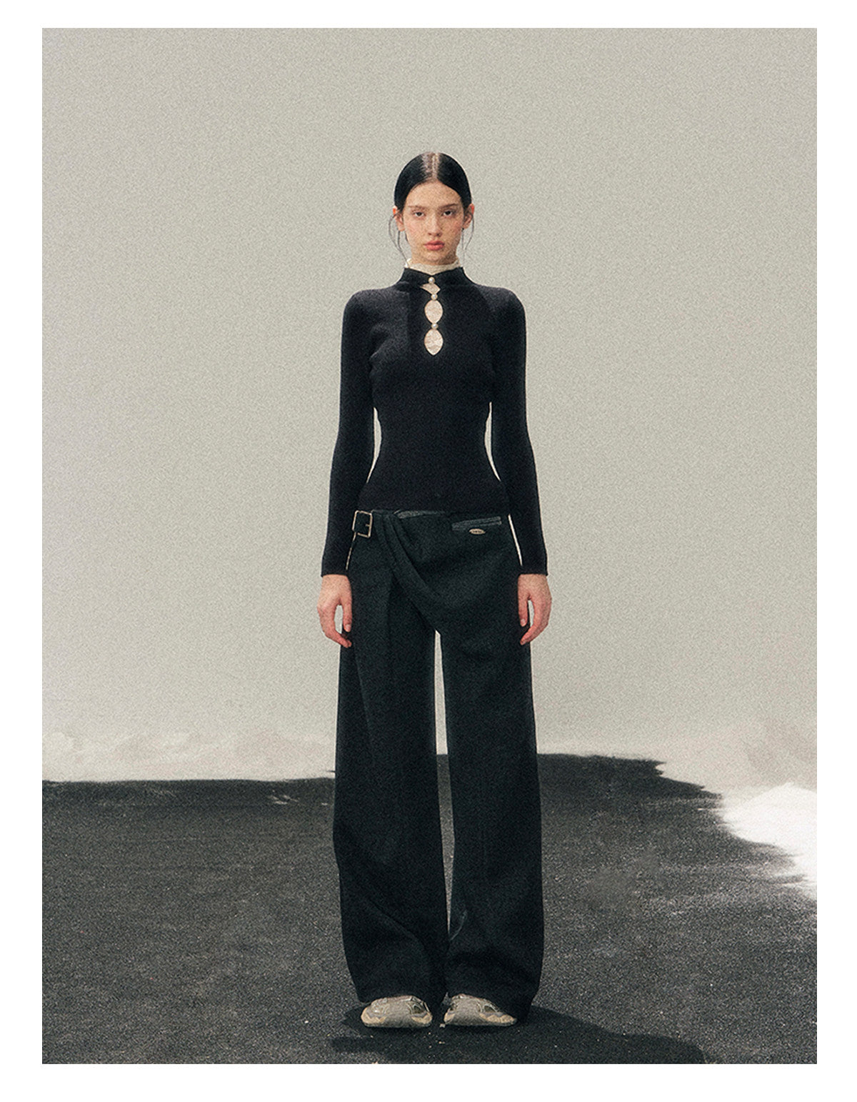 040126 "Lacewoven Dream" Mock Neck Layered Lace Knit Top - Obsidian Black