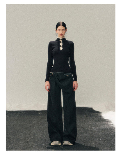 040126 "Lacewoven Dream" Mock Neck Layered Lace Knit Top - Obsidian Black