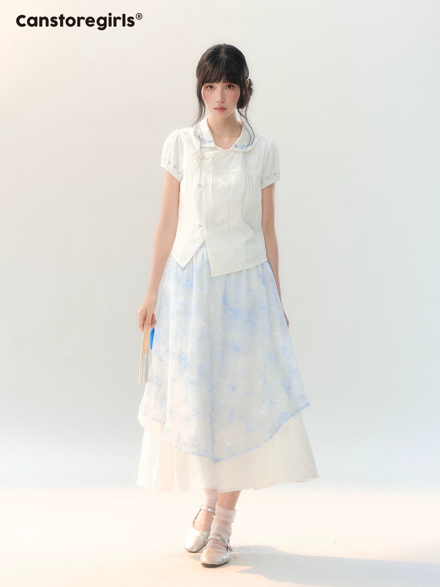 170726C "Butterfly Whispers" Embroidered Puff Sleeve Skirt Set