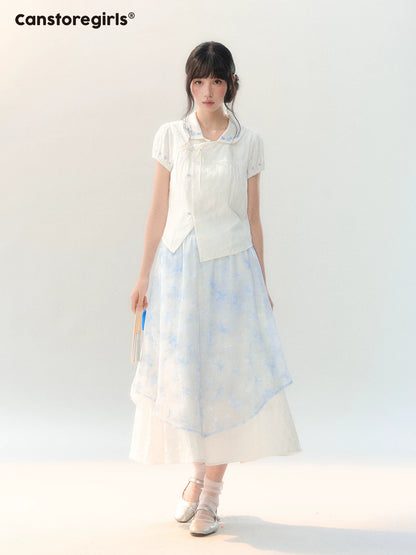 170726C "Butterfly Whispers" Embroidered Puff Sleeve Skirt Set
