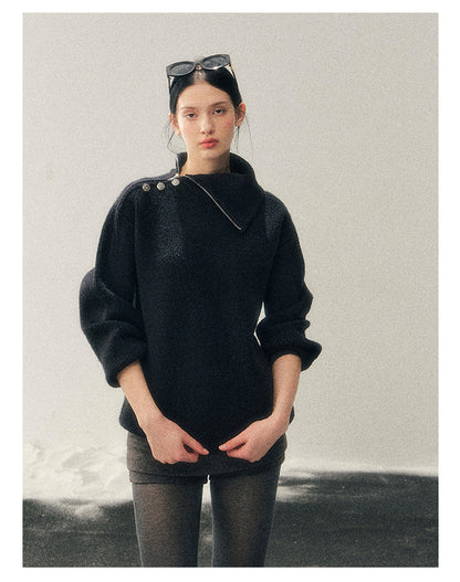 少也眼 "Dark Undertow in Zero Gravity" High-Neck Structured Knit Top
