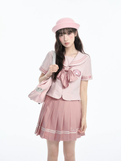 "Cherry Melody" Pink Sailor Uniform Set (Sailor Collar Shirt + Pleated Skirt + Ribbon Bow)